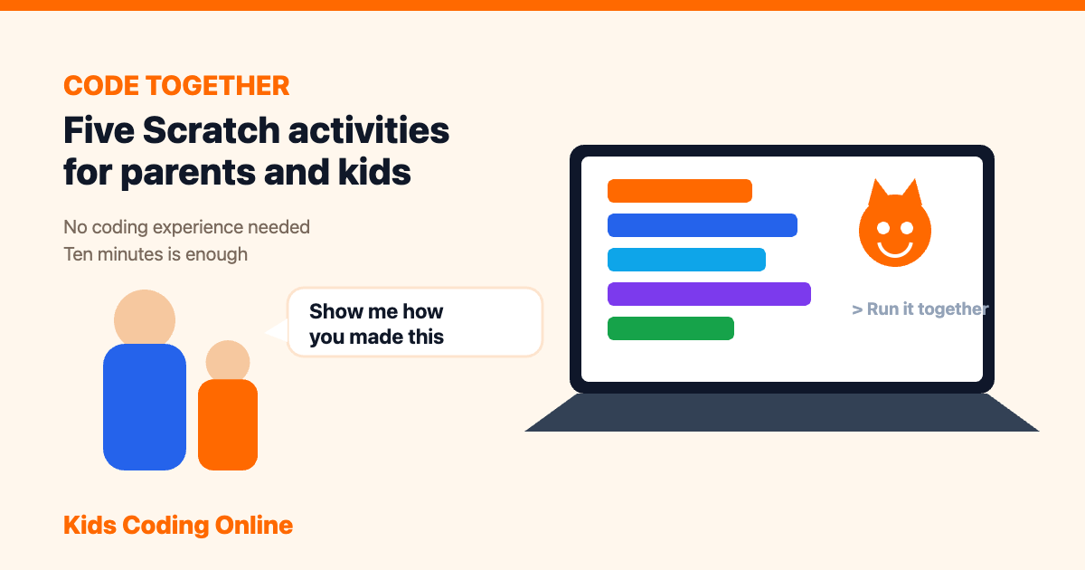 Parent and child doing Scratch activities together on a laptop at Kids Coding Online